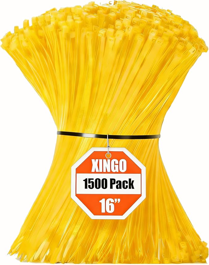 XINGO 16 Inch Yellow Zip Ties 1500 PCS, 85 LBS Tensile Strength, UV Resistant Cable Ties, Premium Self-locking Plastic Ties for Indoor and Outdoor Use