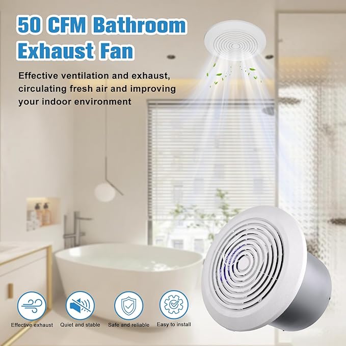 V2262-50 7 Inch Bathroom Exhaust Fan, 50 CFM Ceiling Exhaust Fan for 8" Rough-in Opening, 1.0 Sones Quiet Effective Ventilation for Bathroom, Kitchen, Laundry Room, Mobile Home