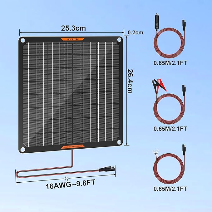 Solar Battery Charger 10W 12V Solar Trickle Car Battery Maintainer Portable Waterproof Power Charger for Car Boat Automotive RV with Alligator Clip