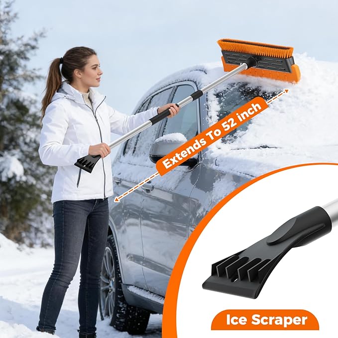 16" Large Snow Brush for Car Windshield,Non-Scratch Snow Scraper,55" Extendable Snow Broom with Foam Grip,Snow Remover for Cars, Truck, SUV (Orange, Large)