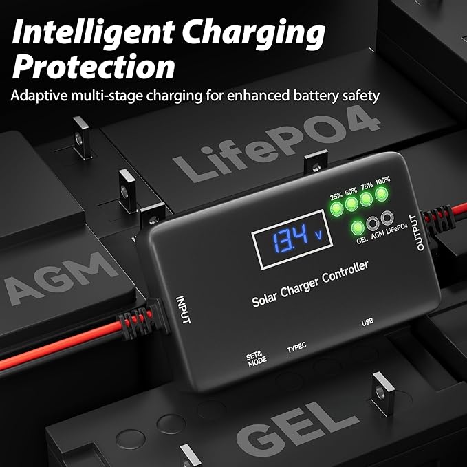 Solar Charge Controller 12V 20A, Solar Panel Charge Controller with Type-C and USB Output for Solar Panel and Gel, AGM, LiFePO₄ Battery