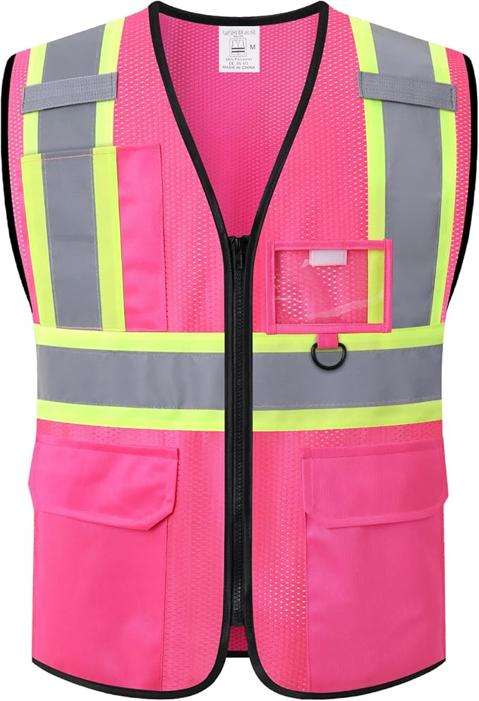Safety Vest for Men Women Reflective with Multiple Pockets Mesh High Visibility Construction Work Vest,Meets ANSI/ISEA Standards(EK1-178-Pink-M)