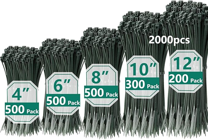 2000 PCS Zip Ties Assorted Sizes 4+6+8+10+12 Inch Self-locking Nylon Cable ties Outdoor, UV Resistant Wire Straps for Home Office Garden Workshop Indoor Outdoor Fence(garden green)