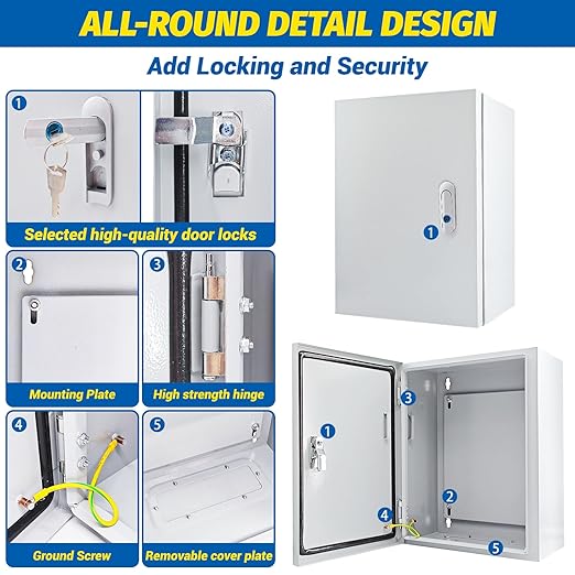 Electrical Box 16 x 12 x 8'' Steel Electrical Junction Box，NEMA 4X Steel Enclosure Box，Indoor&Outdoor Electrical Box Waterproof & Dustproof，Wall Mounted Universal，with Lock & Mounting Plate