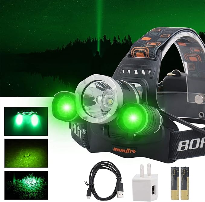 BORUIT RJ-3000 LED Green Headlamp,3 Modes White and Green LED Hunting Headlight,Super Bright USB Rechargeable Tactical Head lamp for Fishing Running Camping Hiking