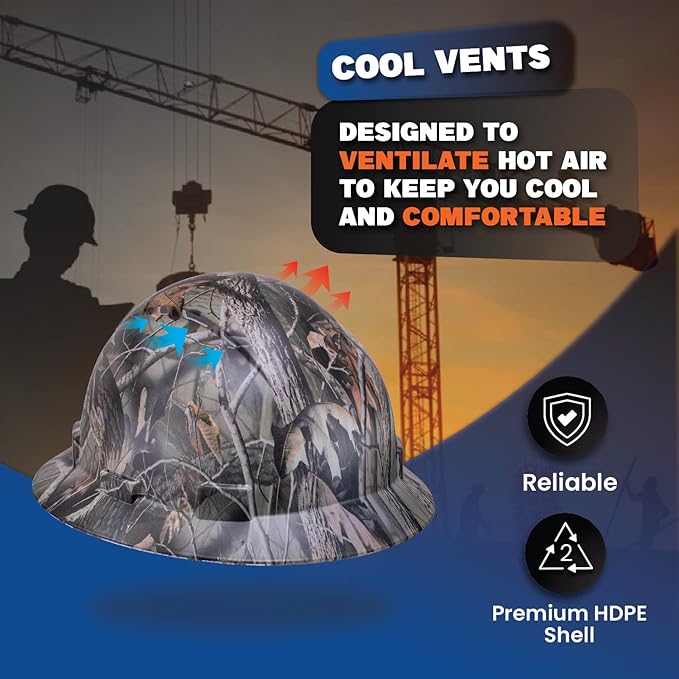 Acerpal Full Brim Vented Camo Design Matte Finish OSHA Construction Hard Hat with 6-Point Suspension