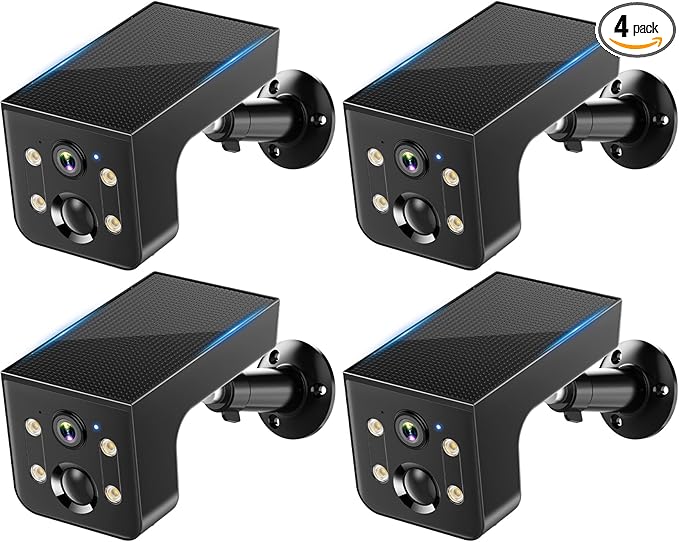 Solar Outdoor Wireless Camera 4 PCS - 2K HD, AI Motion Detection, Easy Setup, WiFi, Color Night,Outdoor Surveillance for Yard & Driveway, Black