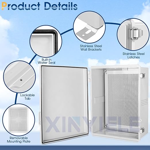 Waterproof Outdoor Project ABS Plastic Junction Box IP67 Weatherproof Dustproof Enclosure with Hinged Cover, Mounting Plate,Wall Brackets for Power Project (Grey,19.7"x15.7"x7.9")