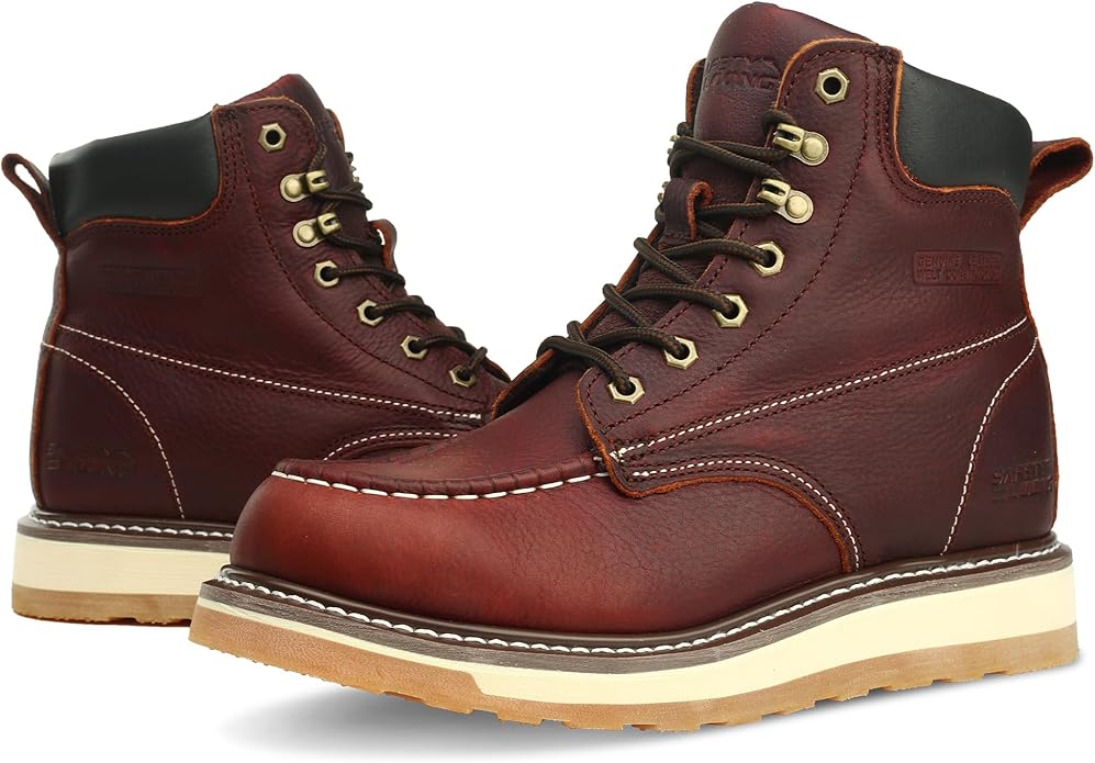 Moc Toe Work Boots for Men Waterproof Soft/Steel Toe Comfortable Full Grain Leather Non Slip Wedge Outsole Construction 6" Workboots