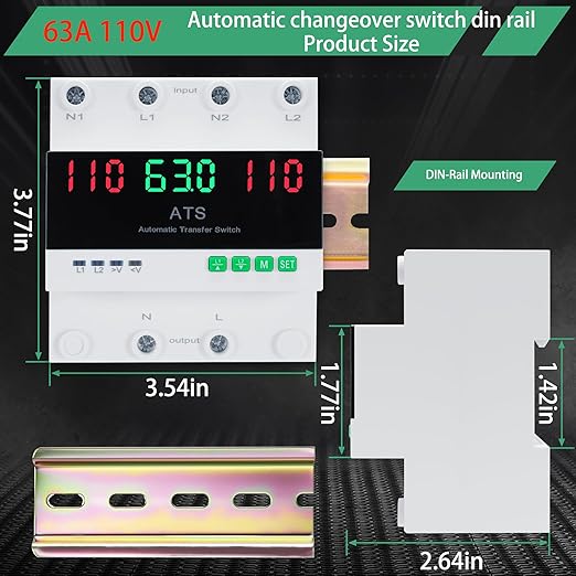 63Amp AC110V Automatic Transfer Switch with LED Display, 50/60Hz 2P ATS Auto Dual Power Outdoor Changeover Switch for Home Generator, L1 Priority Din Rail Mount CE Certified Selector Transfer Switches