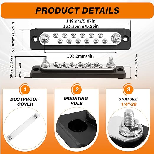 Common Busbar Power Distribution Block Battery Terminal Block for Car & Marine Applications 1/4" M6 150A with Dustproof Cover & Screw CBB (12 Poles)