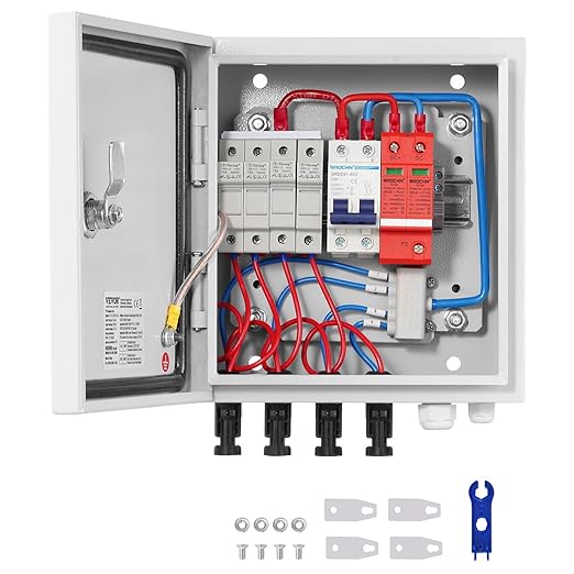 VEVOR PV Combiner Box, 4 String Metal Solar Combiner Box with 15A Rated Current Fuse 63A Circuit Breaker Lightning Arrester, Steel Case for On/Off Grid Solar Panel System, IP65