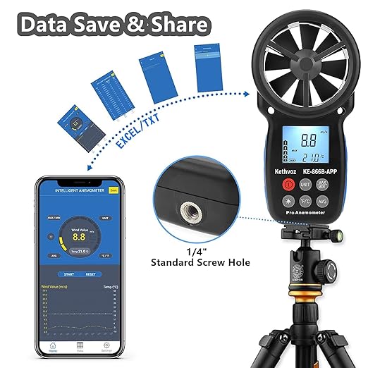 Bluetooth Digital Anemometer, Kethvoz Handheld Wind Speed Meter with Data Logger Measure Air Flow Velocity 0.3~30m/s for Drone Hunting Shooting HVAC Dust Collector