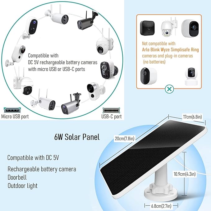 Solar Panel for Security Camera, 6W Solar Panel Micro USB & USB-C for Outdoor Rechargeable Battery Camera, Doorbell, Light, Solar Panels with IP65 9.8ft Cable, Adjustable Bracket (2 Pack)