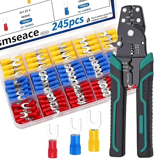 smseace 246pcs Crimping Tool with Fork Spade Connectors 3-Sizes M4/#8 22-10AWG Wire Fork Connectors U-Type Terminal Multifunction Wire Crimping Tool