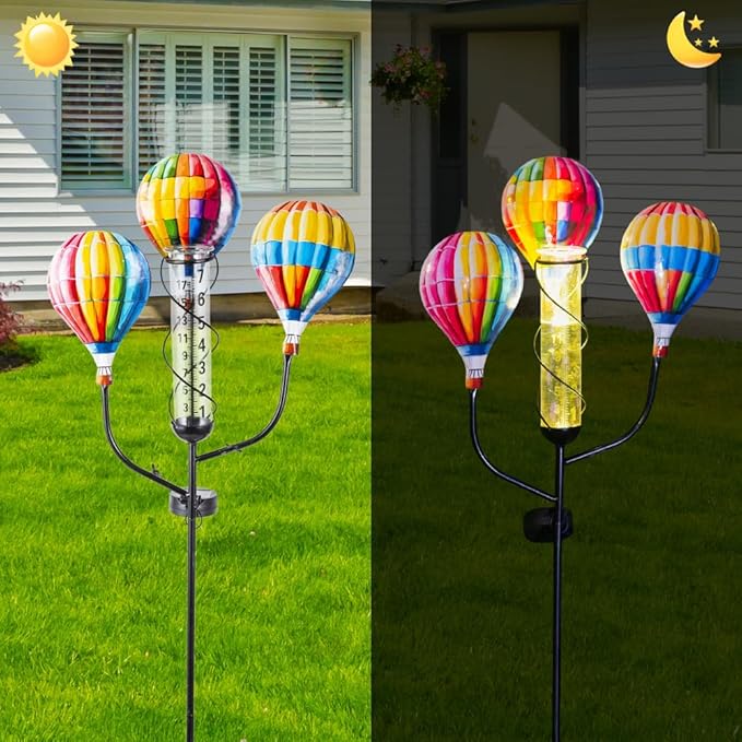 Solar Rain Gauge, Hot Air Balloon Rain Gauge Outdoor, Metal Rain Measure Gauge with 7 Inch Tube, Decorative Rainfall Measurement for Patio, Lawn, Garden