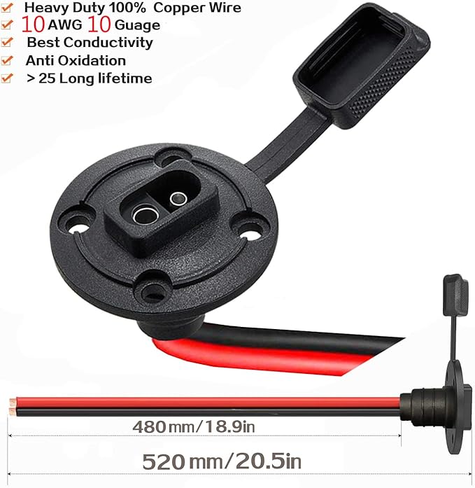 Solar Power Connector,10AWG Weatherproof Power Socket Sidewall Port,Quick Disconnect Wire Automotive Panel Extension Cable for Solar Generator Battery Charger.(50CM DIY Plug)