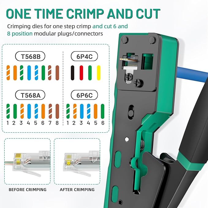 RJ45 Crimping Tool Ethernet Crimp Tool Crimper for RJ11/RJ12 Standard, RJ45 Pass Through Connectors, Green