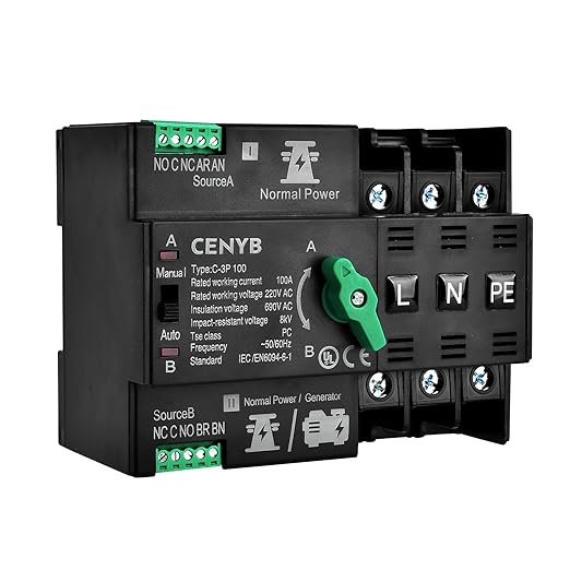 Automatic/Manual Transfer Switch for Home Generator 3P 100A AC220V Uninterrupted Power Supply DIN Rail Mount Toggle Changeover Module