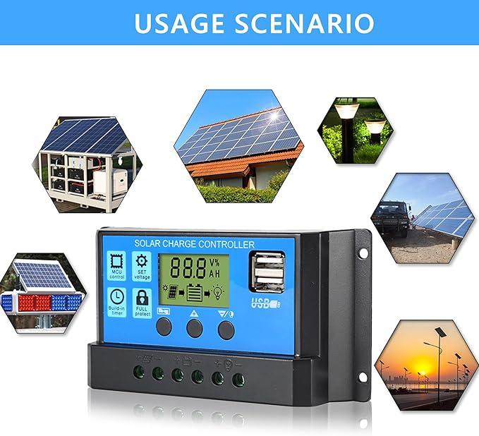 Anern 30A Solar Charge Controller, 12V/24V Dual USB Solar Panel Battery Intelligent Regulator with LCD Display, PWM Auto Parameter Adjustable, Timer Setting, Multiple Load Control Modes