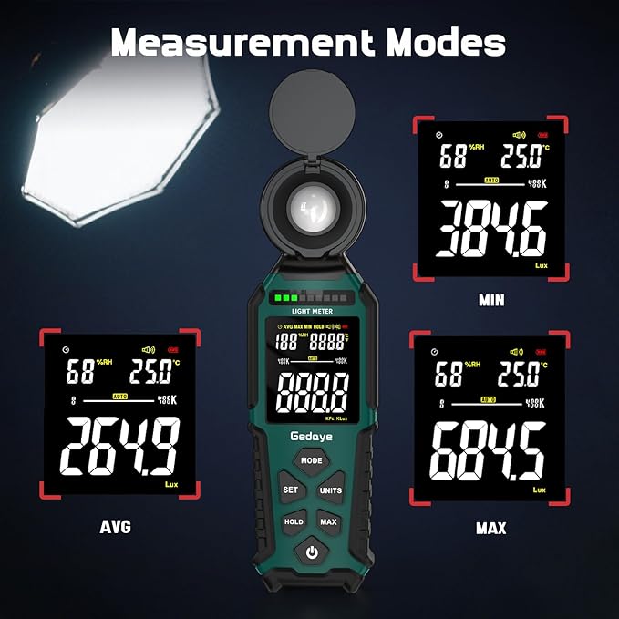 Light Meter Lux Foot Candles Meter 0~400,000 Lux Range, Large Backlit Display, Light Meter for Plants Luxmeter Light Meter Digital Illuminance Meter Handheld