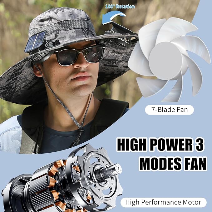 Wide Brim Outdoor Solar Fan Hat, UPF 50+ Fishing Hat for Man with 2 Solar Fan, 3 Modes 180°Rotating Fan Hats