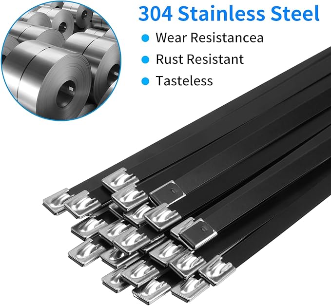 Metal Zip Ties Black 40 inch 408LB 25pcs Heavy Duty 304 Stainless Steel Epoxy Coated Locking Cable Exhaust Wrap Multi Purpose Binding for Machinery, Vehicles, Farms, Cables, Pipes,Fence