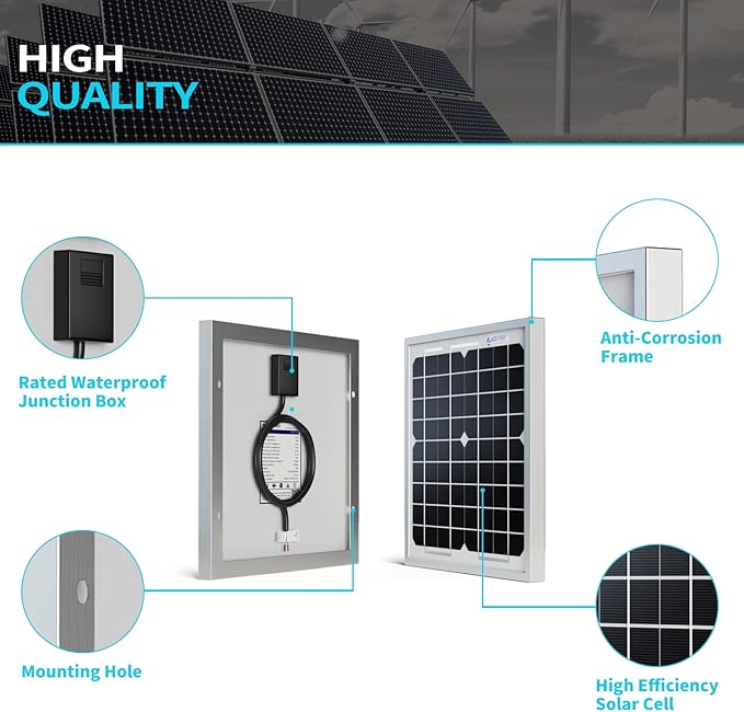ACOPOWER HY010-12M Mono Solar Panel for 12V Battery Charging RV Boat, Off Grid, 10W