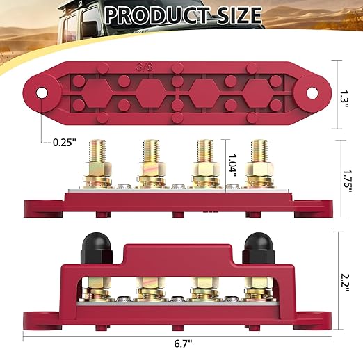 MOFEEZ Power Distribution Block Bus Bar, 4 x 3/8" Post Marine Bus Bar Battery Busbar Terminal Block with Cover, Lugs, Ring Terminals (Pair, Red & Black)