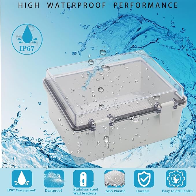 Waterproof Outdoor Electrical Box Junction Box Weatherproof IP67 ABS Plastic Enclosure Switch Router Project Box with Mounting Plate with Wall Bracket 2 Cable Glands Clear 8.7"x6.7"x4.3"