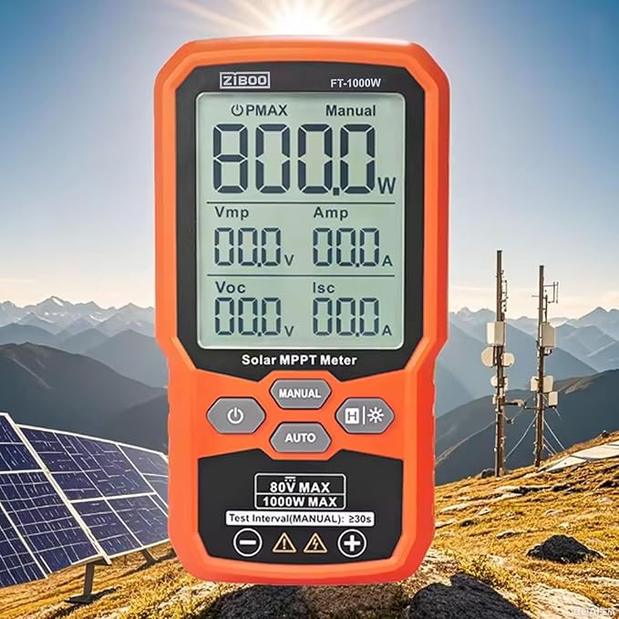 ZIBOO FT-1000W Solar Panel Tester MPPT Meter - 1000W Max Power, 80V/35A PV Module Tester for Voc/Isc, Open Circuit Voltage & Short Circuit Current, with Backlight & Data Hold