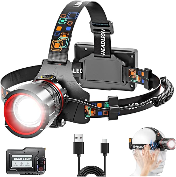 Headlamp Rechargeable– Super Bright LED Headlight with Motion Sensor, Zoomable & 90° Adjustable, IPX7 Waterproof, Long Runtime Head Lights for Outdoor, Camping, Hiking, Running, Fishing
