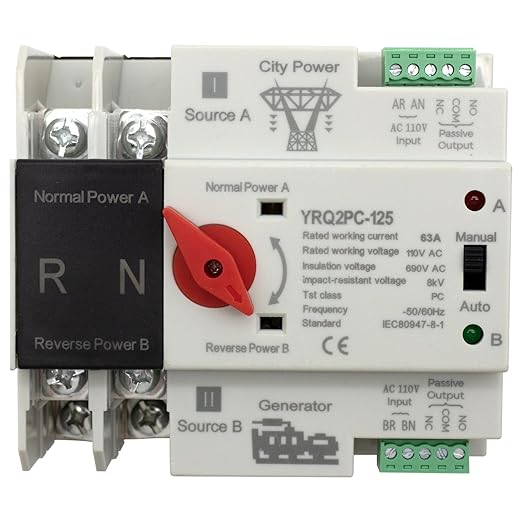 63A 110V Mini ATS Automatic Transfer Switch 2P, Din Rail Mounted Dual Power Changeover for Generator/Grid/Solar-Auto/Manual Modes for Home RV Backup Power, Overvoltage Protection, 50/60Hz CE Certified