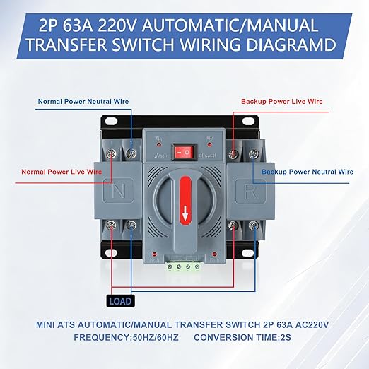 6-63amp AC220V Automatic/Manual Transfer Switch 2P 50/60Hz, 2POLE 63A ATS Auto Changeover Dual Power Switch for Generator, CE Certified ATS Solar Back Up Power Auto Selector Overvoltage, Undervoltage