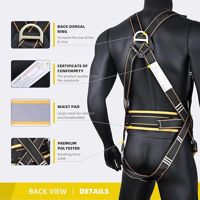 Safety Harness Fall Protection Kit,Full Body Roof Harness for Construction,Heavy-Duty Harness with Safety Rope