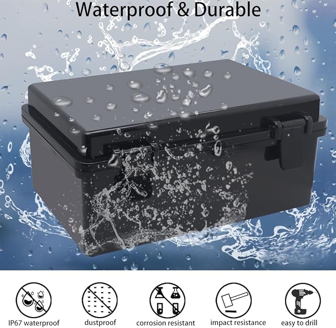 Junction Box, Hinged Black Cover IP67 Waterproof ABS Project Box with Mounting Plate Electrical Box Enclosure with Wall Bracket 10.2 x 6.3 x 4.3inch(260x160x110mm)
