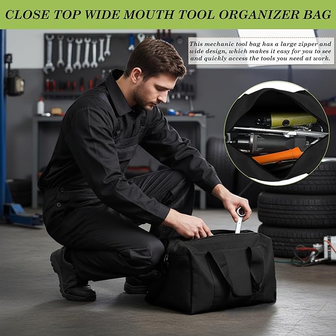 Canvas Wide Mouth Tool Bag, Large Capacity Tool Bags for Men, Portable Home Tool Organizer for Storage Handbag for Screwdrivers, Wrench, Plier, Nails, Pliers Repair Hand Tools (Black, 20 Inch)
