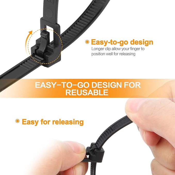 SOOOEC 100 Pack Reusable Zip Ties 10 inch Heavy Duty Outdoor UV Resistant, Releasable Black Zip Ties Indoor Round Ending No Hurt, Cable Ties Reusable Tie Wraps Non Slip Off