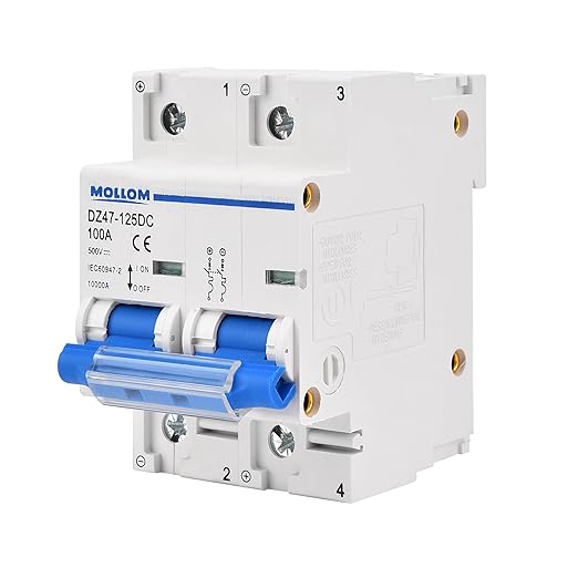Mollom DC 2 Pole Miniature Circuit Breaker, 500V 100Amps, Scene Visualization Custom MCB Thermal Magnetic Trip, 6KA Breaking Capacity DC Disconnect Switch for Solar PV System