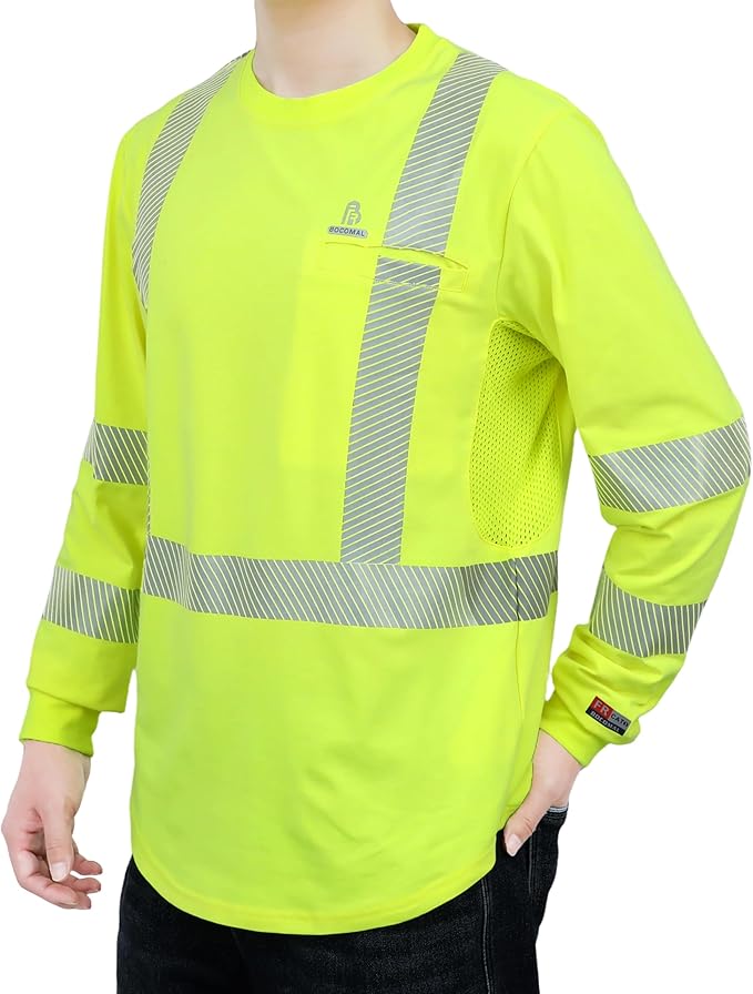 BOCOMAL Reflective FR Shirts High Visibility Summer Vented Mesh Long Sleeve Crewneck Lightweight Flame Resistant Workwear