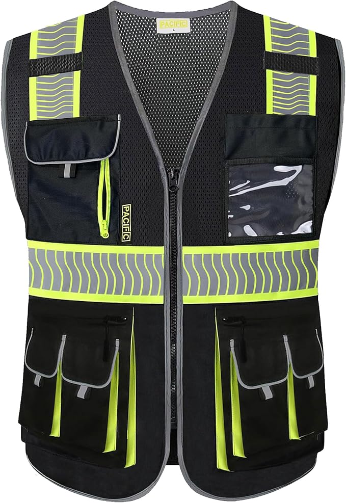 PACIFIC 10 Pockets Class 1 Safety Vest for Men, 3M High Visibility Reflective Strips, Meets ANSI/ISEA Standard, Black, Medium