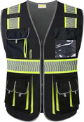 PACIFIC 10 Pockets Class 1 Safety Vest for Men, 3M High Visibility Reflective Strips, Meets ANSI/ISEA Standard, Black, X-Large