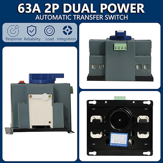 AC230V 63A 2P Dual Power Automatic Transfer Switch,50Hz/60HzGenerator Changeover Switch, Automatic/Manual Switching Modes Ez Generator Switch with Safety Protection
