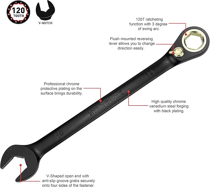 STARWORK TRUE MECHANIC™ 20 Pc. 120-Tooth Reversible Ratcheting Wrench Set, Combination Ratchet Wrench Set, Non-Slip, Long Pattern, 6-Point 15° Offset, Professional, SAE/Metric(5/16-3/4" & 8-19 mm)