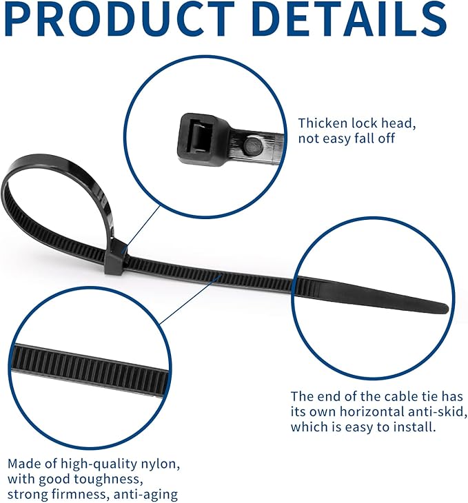 8 Inch Heavy Duty Black Zip Ties 75 lbs, 1000 Pack Cable Ties UV Resistant Industrial Self Locking 8" Zipties Bulk Nylon Wire Tie Wraps Workshop Camping Outdoor Use, Zcpotizi