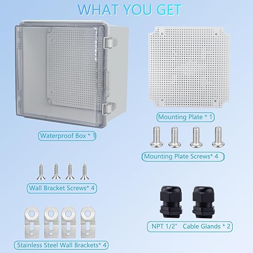 IP67 Waterproof Junction Box, ABS Plastic Electrical Enclosure with Stainless Steel Latch, Hinged Cover Electric Box with Mounting Plate, Wall Brackets & Cable Glands 210x210x130