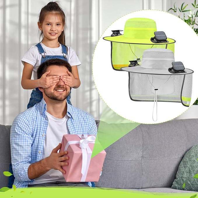 2 Pcs Sun Hat with Fan Solar&USB Powered for Men Women UPF 50+ UV Protection Wide Brim Safety Sun Hat for Out Work