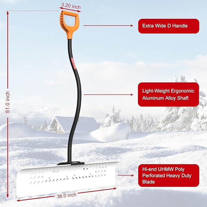 36 Inch Heavy Duty Snow Pusher, Extra Wide Snow Shovel for Driveway, Sidewalk, Patio, Deck & Doorway Snow Removal, Ergonomic Back Saver Snow Plow with UHMW-PE Blade, Non-Slip Grip Handle