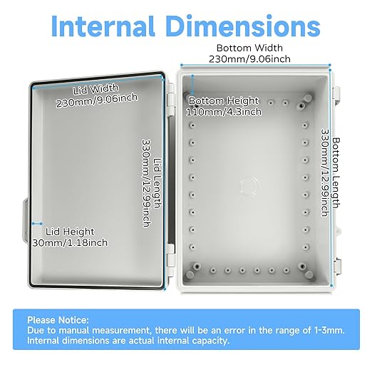 Waterproof Electrical Junction Enclosure Outdoor with Stainless Latch, IP65 ABS Plastic Project Box with 1 Grid Mounting Plates, 2 Cable Glands, 4 Wall Brackets and 8 Screws (Large:13.8"x9.8"x5.9")