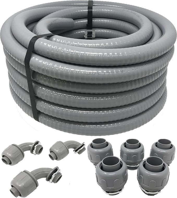 Sealproof 1/2-Inch Non-Metallic Liquid-Tight Conduit and Connector Kit, 50 Foot Made in USA Flexible Electrical Conduit Type B with 5 Straight and 3 90-Degree Conduit Connector Fittings, 0.5" Dia